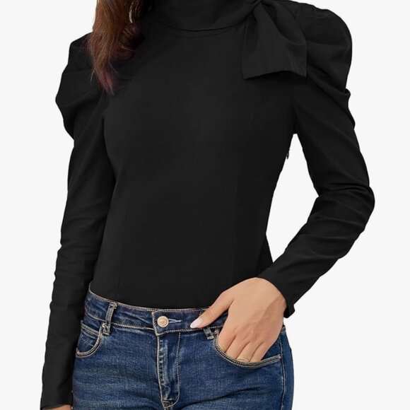 JASAMBAC Blouse Bow puff pouf sleeve top - DARK GREY, Large (12 US) - Picture 3 of 8